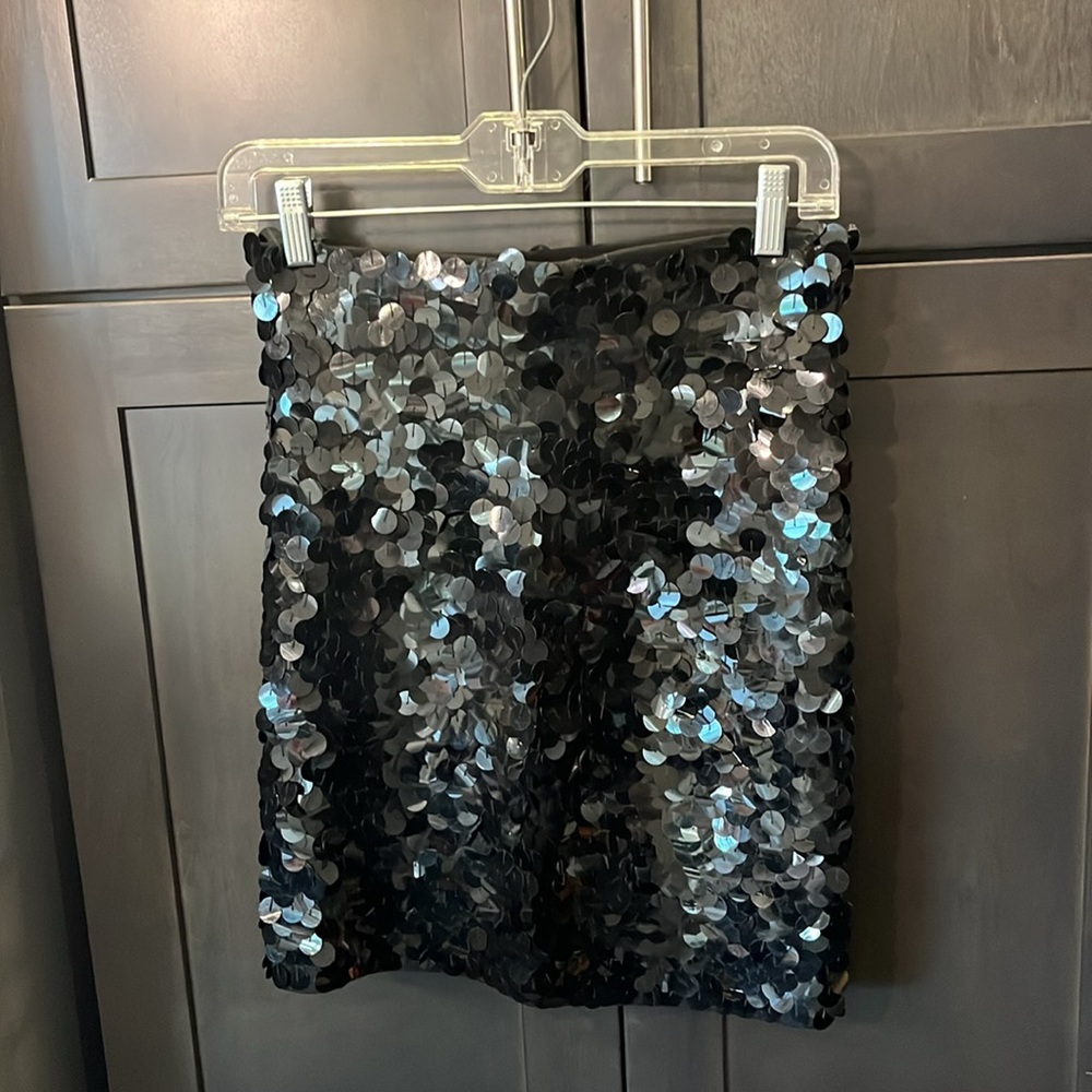 Express Tricot Black Sequin Pull On Skirt. New inside Elastic Band. Sz. M/2